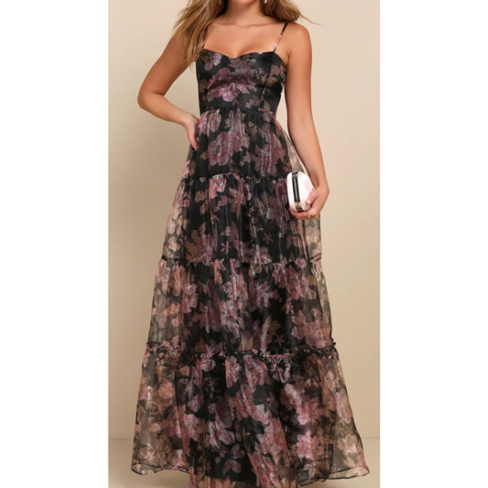 LULU'S SZ L Exclusive Glamour Black Floral Organza Tiered Maxi Dress B21